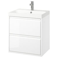 ÄNGSJÖN / BACKSJÖN wash-stnd w drawers/wash-basin/tap, high-gloss white, 60x48x69 cm