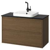 ÄNGSJÖN / BACKSJÖN wash-stnd w drawers/wash-basin/tap, brown oak effect/black marble effect, 102x49x71 cm