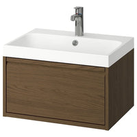 ÄNGSJÖN / BACKSJÖN wash-stnd w drawer/wash-basin/tap, brown oak effect, 60x48x39 cm