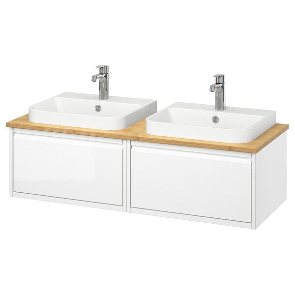 ÄNGSJÖN / BACKSJÖN - Washbasin/Washbasin/Mixer unit, gloss  white/amber,122x49x41 cm