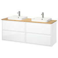 ÄNGSJÖN / BACKSJÖN wash-stand/wash-basins/taps, high-gloss white/bamboo, 162x49x71 cm