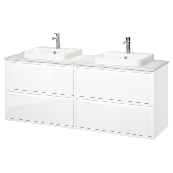 Ikea ÄNGSJÖN / BACKSJÖN - Washbasin/Washbasin/Mixer unit, glossy white/white marble effect,162x49x71 cm