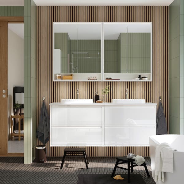 Ikea ÄNGSJÖN / BACKSJÖN - Washbasin/Washbasin/Mixer unit, glossy white/white marble effect,162x49x71 cm