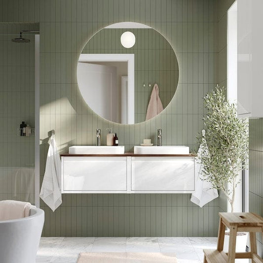 Ikea ÄNGSJÖN / BACKSJÖN - Washbasin/washbasin unit, gloss white/brown walnut effect,122x49x41 cm