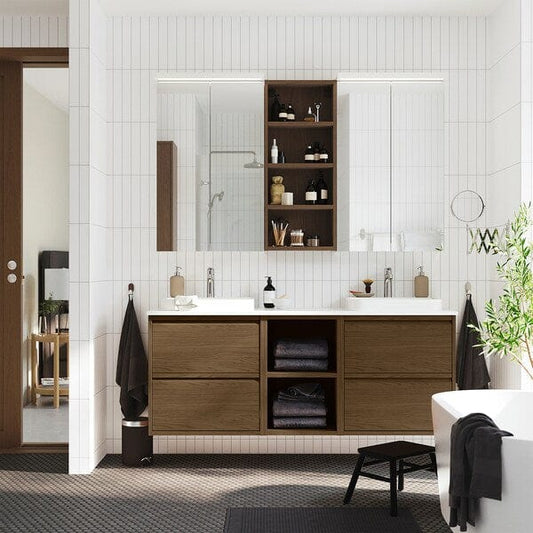 Ikea ÄNGSJÖN / BACKSJÖN - Washbasin/washbasin unit, oak-effect brown/marble-effect white,162x49x71 cm