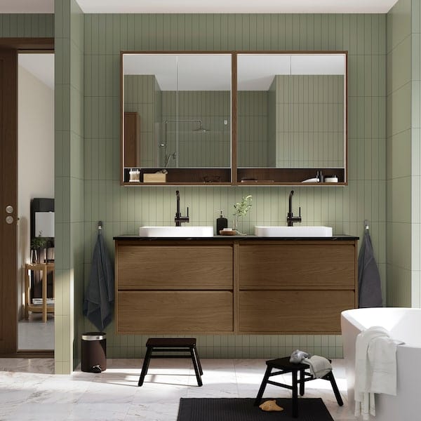 Ikea ÄNGSJÖN / BACKSJÖN - Washbasin/washbasin unit, oak-effect brown/marble-effect black,162x49x71 cm