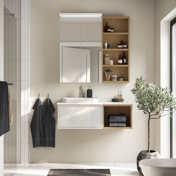 Ikea ÄNGSJÖN / BACKSJÖN - Washbasin/washbasin/mixer unit, glossy white/ oak-effect/marble-effect white,102x49x41 cm
