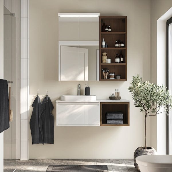 Ikea ÄNGSJÖN / BACKSJÖN - Washbasin/washbasin/mixer unit, high gloss white/black eff oak/white marble effect,102x49x41 cm