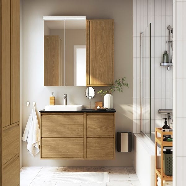Ikea ÄNGSJÖN / BACKSJÖN - Washbasin/washbasin/mixer unit, oak/black marble effect,102x49x71 cm