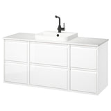 ÄNGSJÖN / BACKSJÖN wash-stand/wash-basin/tap, high-gloss white/white marble effect, 142x49x71 cm