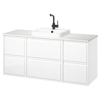ÄNGSJÖN / BACKSJÖN wash-stand/wash-basin/tap, high-gloss white/white marble effect, 142x49x71 cm