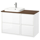 ÄNGSJÖN / BACKSJÖN wash-stand/wash-basin/tap, high-gloss white/brown walnut effect, 102x49x71 cm