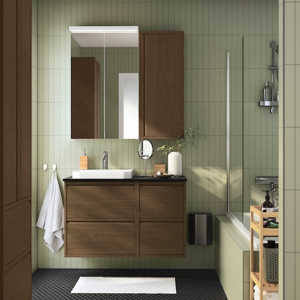 Ikea ÄNGSJÖN / BACKSJÖN - Washbasin/washbasin unit/mixer, oak-effect brown/marble-effect black,102x49x71 cm