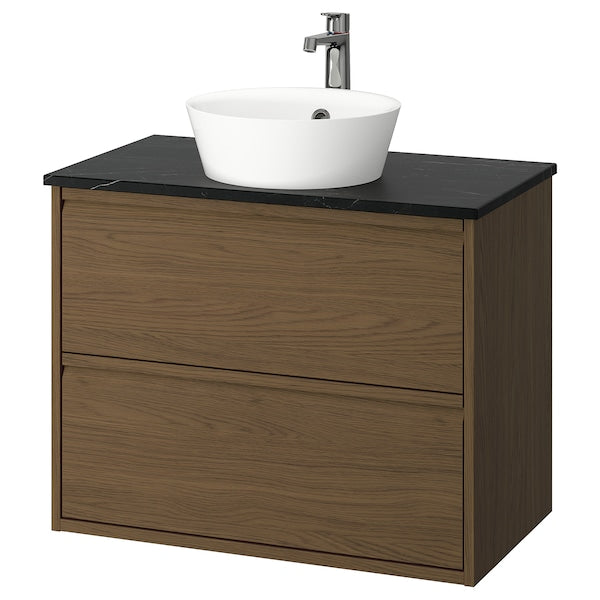 ÄNGSJÖN / KATTEVIK - Washbasin/drawer unit/misc, oak-effect brown/marble-effect black,82x49x80 cm - best price from Maltashopper.com 19521415