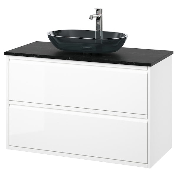 ÄNGSJÖN / OXMYREN - Washbasin/drawer unit/misc, glossy white/black marble effect,102x49x77 cm - best price from Maltashopper.com 89521582