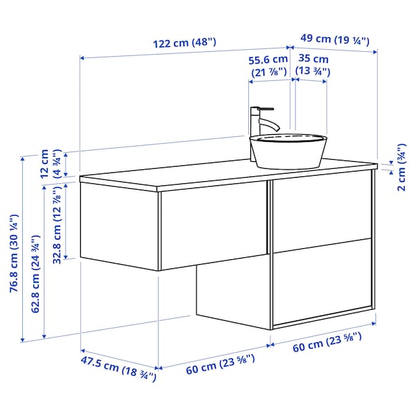 Ikea ÄNGSJÖN / OXMYREN - Washbasin/washbasin unit/mixer, oak-effect brown/marble-effect black,122x49x77 cm