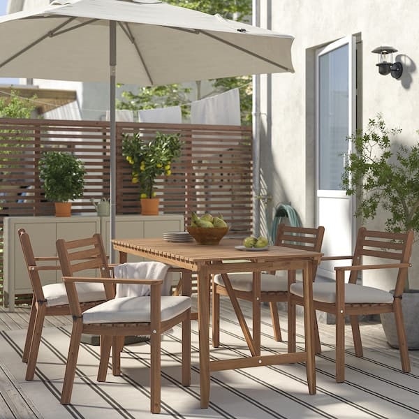 Ikea ASKHOLMEN - Table+4 chairs armrests, garden, dark brown/Frösön/Duvholmen beige,143x75 cm