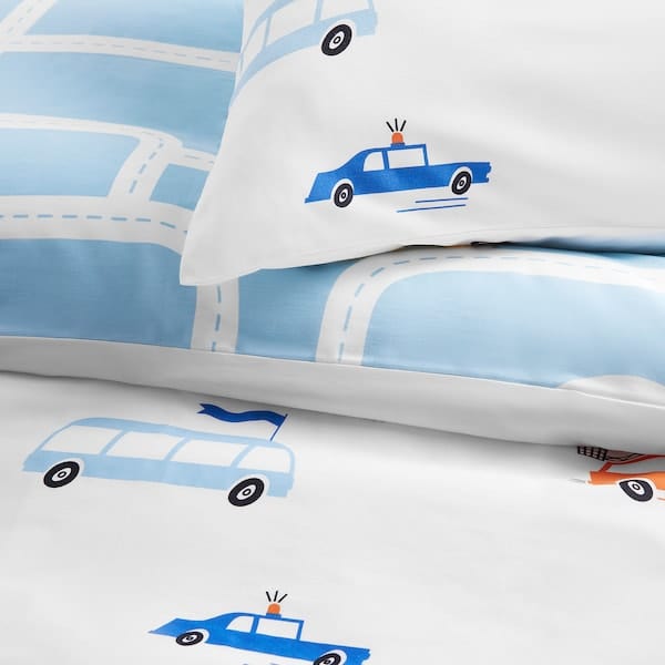 Ikea BERGFINK - 3-piece bedlinen set with bag, multicolour vehicles/roads pattern, 150x200/50x80 cm