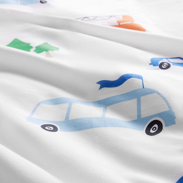Ikea BERGFINK - 3-piece bedlinen set with bag, multicolour vehicles/roads pattern, 150x200/50x80 cm