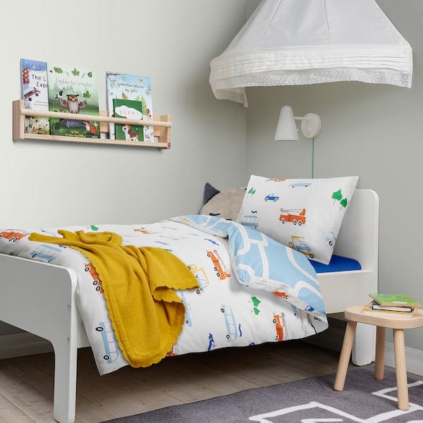 Ikea BERGFINK - 3-piece bedlinen set with bag, multicolour vehicles/roads pattern, 150x200/50x80 cm