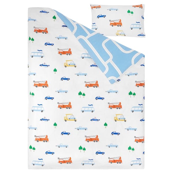 Ikea BERGFINK - 3-piece bedlinen set with bag, multicolour vehicles/roads pattern, 150x200/50x80 cm