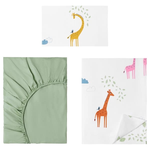 Ikea BERGFINK - 3-piece bedlinen set with bag, green giraffe, 150x200/50x80 cm