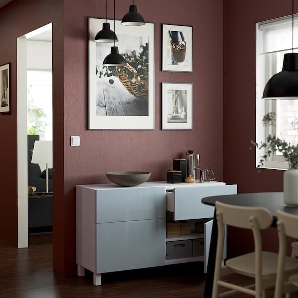 BESTÅ - Storage combination w doors/drawers, white Selsviken/Stubbarp/high-gloss light grey-blue, 120x42x74 cm - best price from Maltashopper.com 49421527