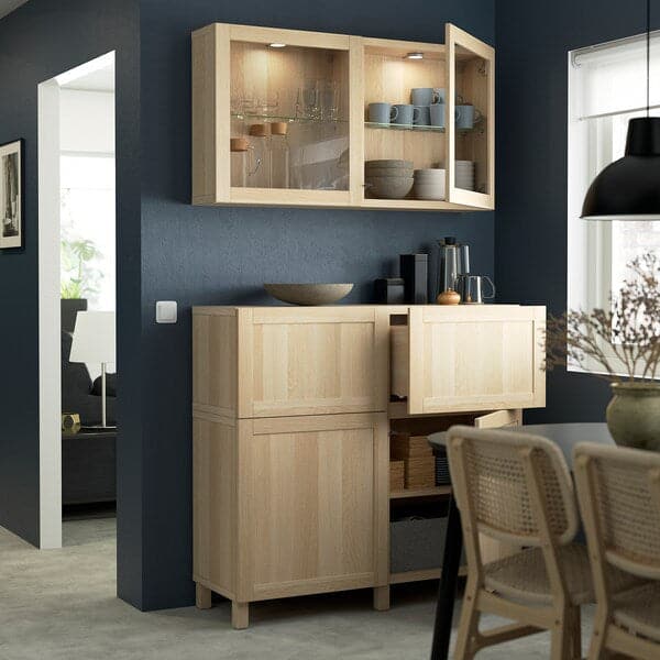 Ikea BESTÅ - Combination + doors/drawers, oak effect with white stain/Hanviken/Stubbarp white oak effect glass, 120x42x213 cm