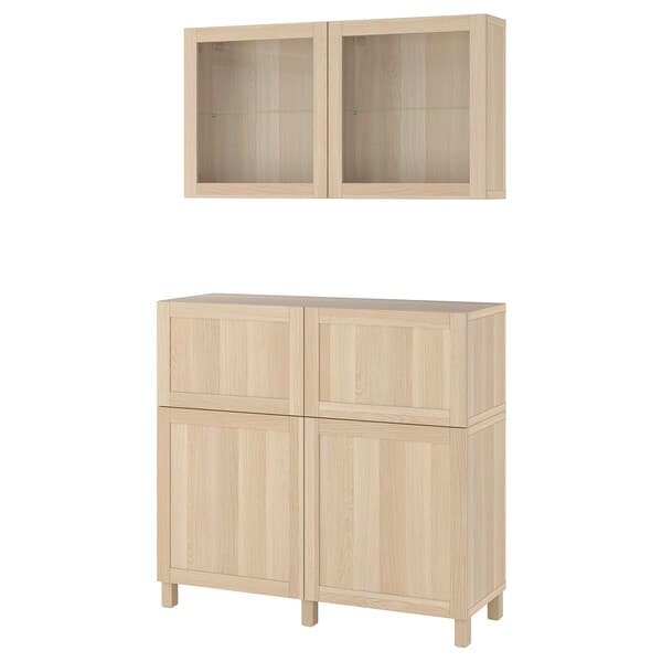 Ikea BESTÅ - Combination + doors/drawers, oak effect with white stain/Hanviken/Stubbarp white oak effect glass, 120x42x213 cm