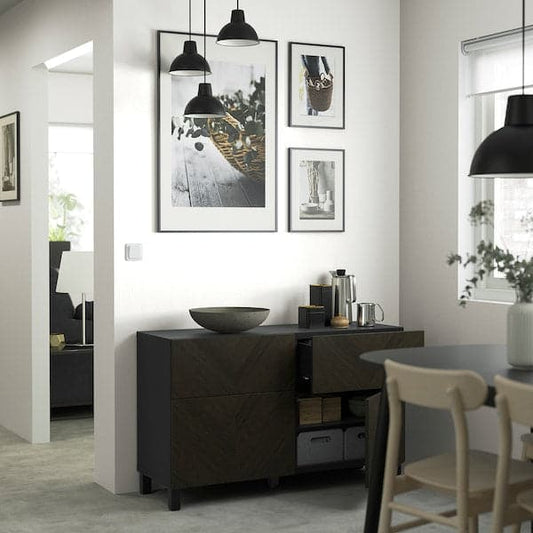 Ikea BESTÅ - Storage combination w doors/drawers, black-brown Hedeviken/Stubbarp/dark brown stained oak veneer, 120x42x74 cm