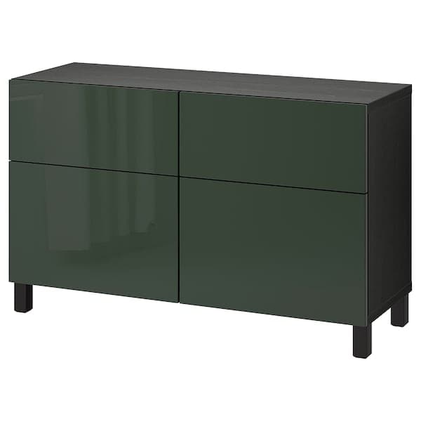 Ikea BESTÅ - Storage combination w doors/drawers, black-brown Selsviken/Stubbarp/high-gloss dark olive-green, 120x42x74 cm