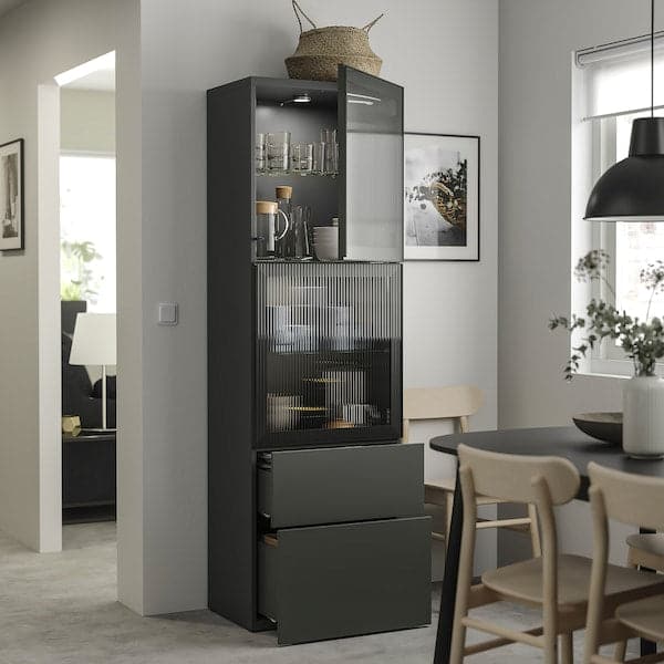 BESTÅ - Storage combination w glass doors, dark grey Lappviken/Fällsvik anthracite, 60x42x193 cm - best price from Maltashopper.com 09508136
