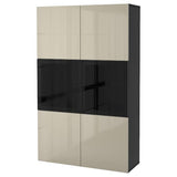 BESTÅ storage combination w glass doors, black-brown/Selsviken high-gloss/beige clear glass, 120x42x193 cm