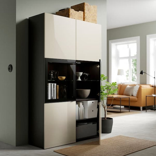BESTÅ Combination with glass doors - brown-black/Glossy Selsviken/transparent beige glass 120x42x193 cm , 120x42x193 cm - best price from Maltashopper.com 59124758