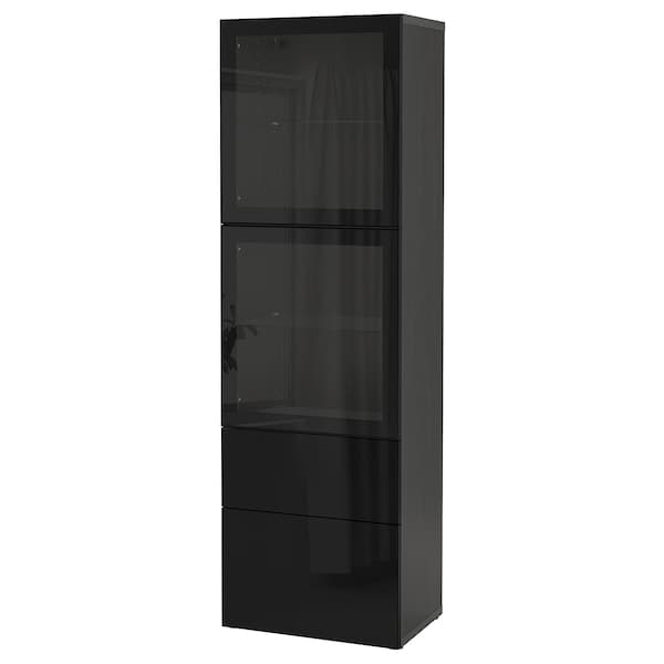 BESTÅ - Storage combination w glass doors, black-brown/Selsviken high-gloss/black clear glass, 60x42x193 cm - best price from Maltashopper.com 69412522