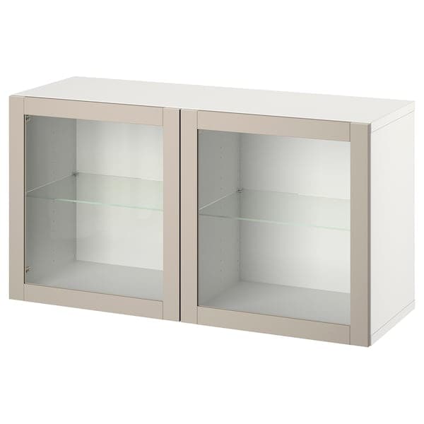 BESTÅ - Wall-mounted cabinet combination, white Sindvik/light grey/beige clear glass, 120x42x64 cm - best price from Maltashopper.com 99440854