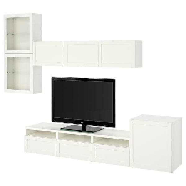 Ikea BESTÅ - TV storage combination/glass doors, white/Hanviken white clear glass, 300x42x211 cm