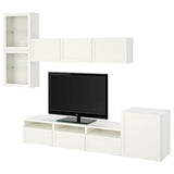 BESTÅ TV storage combination/glass doors, white/Hanviken white clear glass, 300x42x211 cm