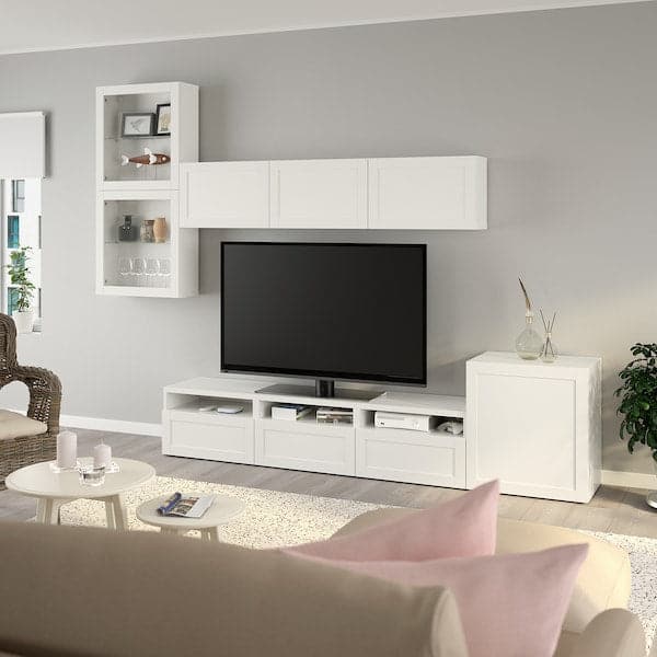 Ikea BESTÅ - TV storage combination/glass doors, white/Hanviken white clear glass, 300x42x211 cm