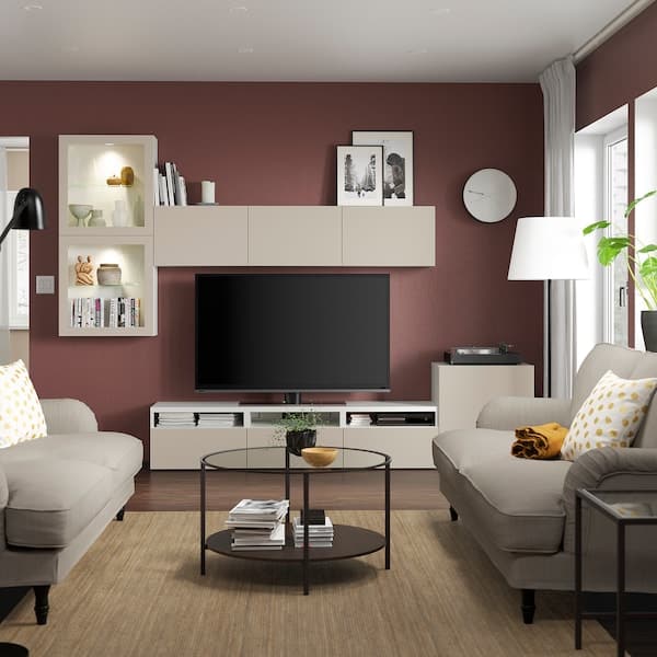 Ikea BESTÅ - TV storage combination/glass doors, white Lappviken/light grey-beige clear glass, 300x42x211 cm