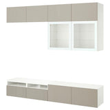 BESTÅ TV storage combination/glass doors, white/Selsviken high-gloss/beige clear glass, 240x42x231 cm