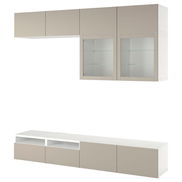Ikea BESTÅ - TV storage combination/glass doors, white Sindvik/Lappviken light grey/beige, 240x42x231 cm