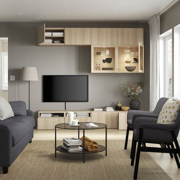 BESTÅ - TV storage combination/glass doors, white stained oak effect/Lappviken white stained oak eff clear glass, 240x42x231 cm - best price from Maltashopper.com 39412175
