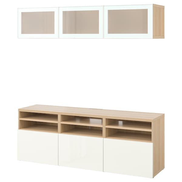 Ikea BESTÅ - TV storage combination/glass doors, white stained oak effect/Selsviken high-gloss/white frosted glass, 180x42x192 cm