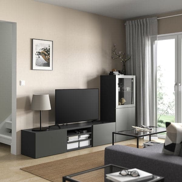 Ikea BESTÅ - TV storage combination/glass doors, dark grey Sindvik/Lappviken dark grey, 240x42x129 cm