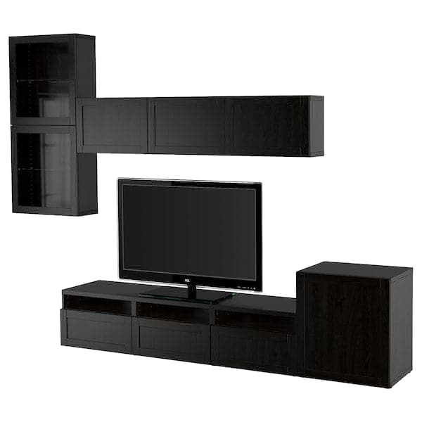 Ikea BESTÅ - TV set/glass combination, brown-black/Hanviken transparent glass brown-black, 300x42x211 cm