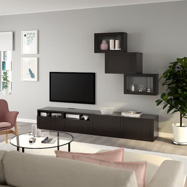 BESTÅ Combination TV/glass doors - brown-black/Hanviken transparent brown-black glass 240x42x190 cm , 240x42x190 cm - best price from Maltashopper.com 59411311