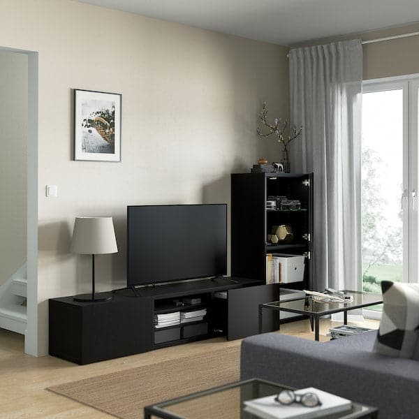Ikea BESTÅ - TV storage combination/glass doors, black-brown/Lappviken black-brown clear glass, 240x42x129 cm