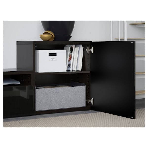 Ikea BESTÅ - TV storage combination/glass doors, black-brown/Selsviken high-gloss/black clear glass, 300x42x211 cm