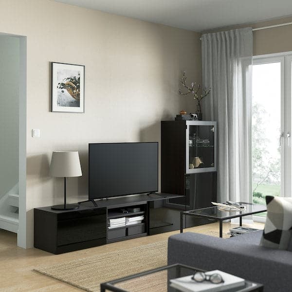 Ikea BESTÅ - TV storage combination/glass doors, black-brown/Selsviken high-gloss/black clear glass, 240x42x129 cm